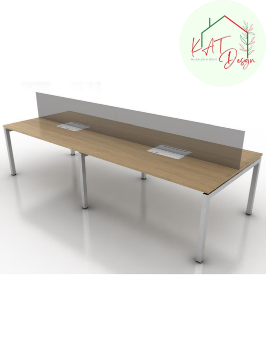 Estación De Trabajo Para 4 Personas Tipo Bench + Pantalla De Vidrio Central Laminado Blanco