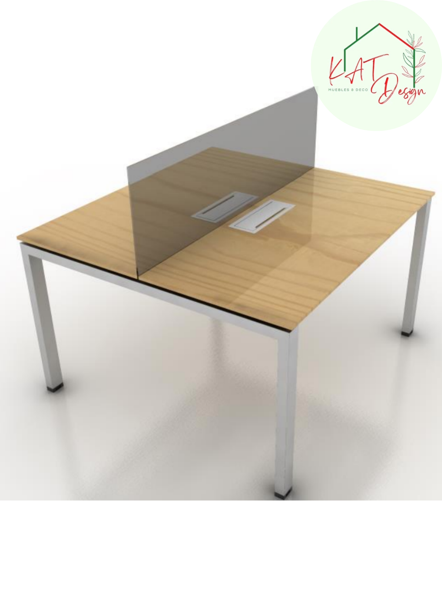 Estación De Trabajo Para 2 Personas Tipo Bench + Pantalla De Vidrio Central Laminado Blanco