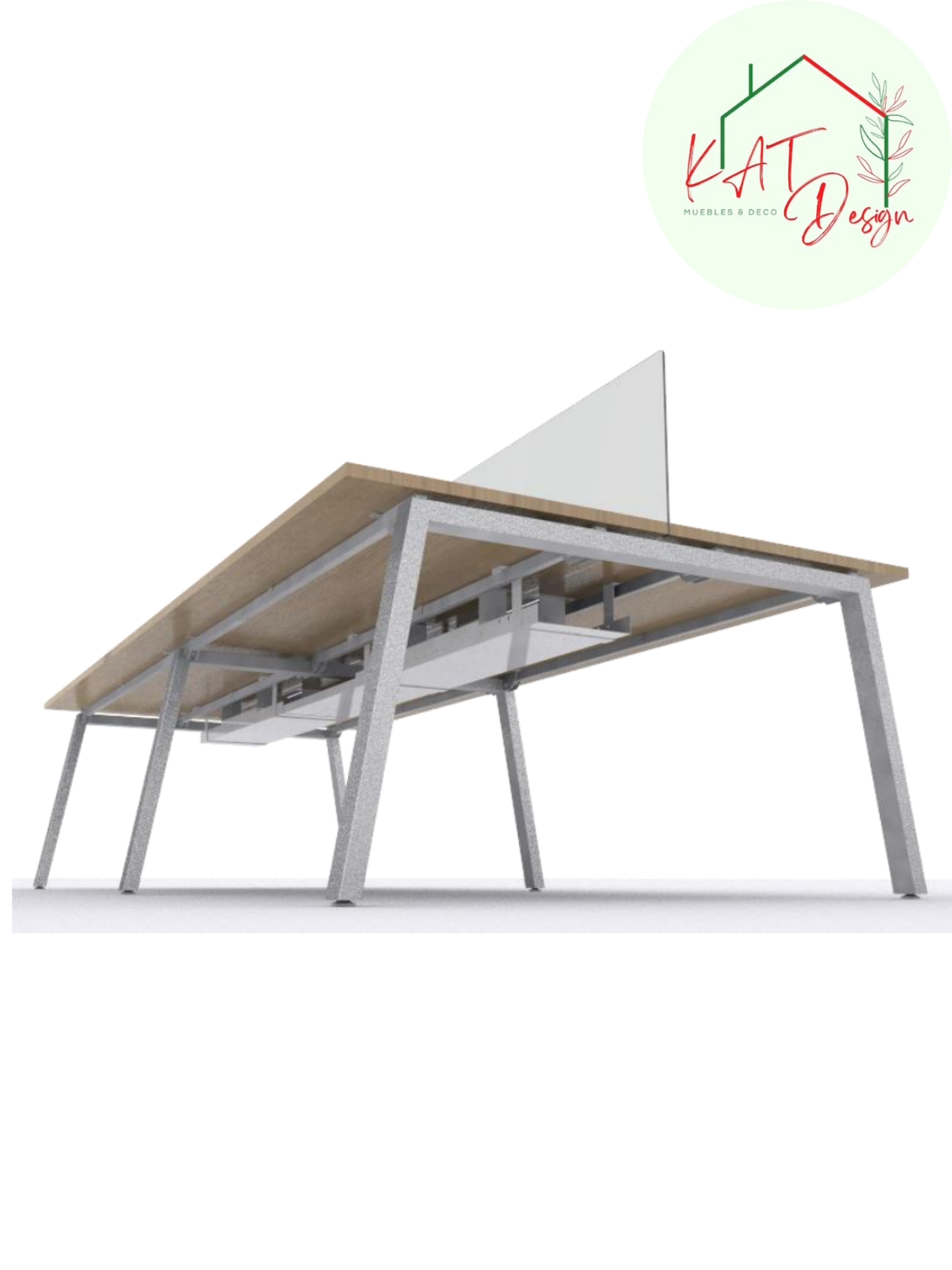 Estación De Trabajo Para 2 Personas Tipo Bench + Pantalla De Vidrio Central Laminado Blanco